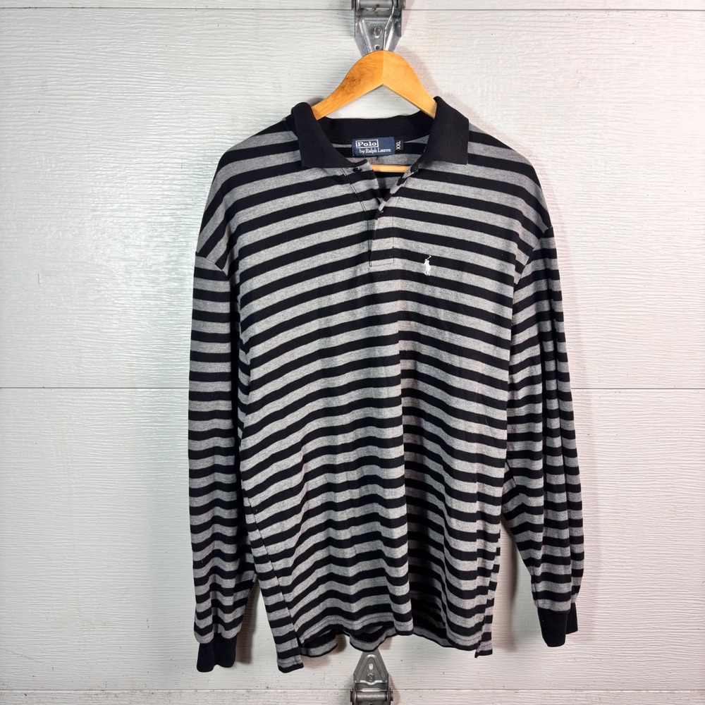 Polo Ralph Lauren Striped Long Sleeve Polo XXL(fits XL) Black Gray Pony Preppy